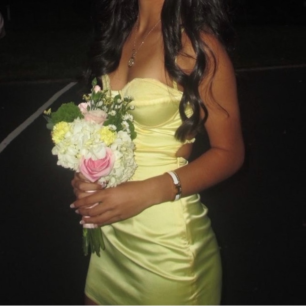 Beginning Boutique Trouble Yellow Satin Mini Dress